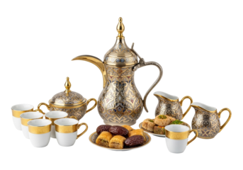 ornate gold tea set with cups and cookies, arabic festive display
