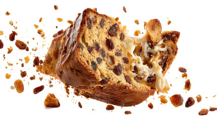 Chocolate chip cake slice with crumbs flying isolated on a white background, delicious dessert concept