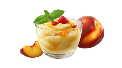 Peach dessert with fresh raspberries and mint in glass bowl isolated on white background