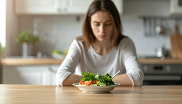Woman sitting at kitchen table with salad, diet frustration and healthy eating struggle concept, weight loss, copy space