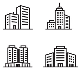 Line art buildings icons set featuring modern city skyscrapers for urban and real estate concepts
