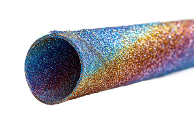 Detailed close perspective of colorful party horn tip featuring sparkling glitter for joyful party effect isolated on transparent background PNG