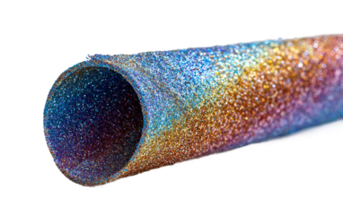 Detailed close perspective of colorful party horn tip featuring sparkling glitter for joyful party effect isolated on transparent background PNG