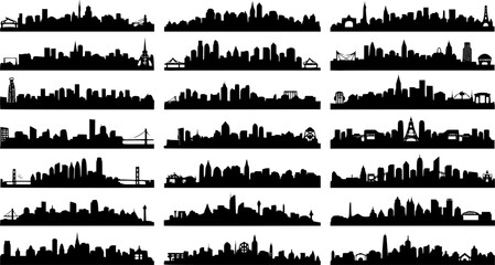 Obraz premium City silhouette vector set. Panorama city background. Skyline urban border collection.