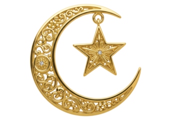 ornate golden crescent moon with hanging star pendant islamic jewelry