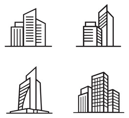 Modern line art building icons set featuring four geometric skyscraper designs for urban development and architecture concepts