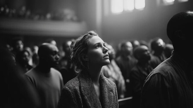 A diverse group of people in a dimly lit space, with a young blond woman in the foreground looking upwards. The atmosphere is contemplative and solemn.