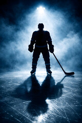 Naklejka premium Dark silhouette of a male hockey player in a uniform, helmet and skates with a stick on the ice arena with smoke and blue back light. Sportsman posing at the stadium ice rink. Winter sports.