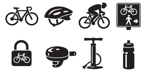 Cycling silhouette icons set featuring bicycles, safety gear, and accessories for sport and transportation