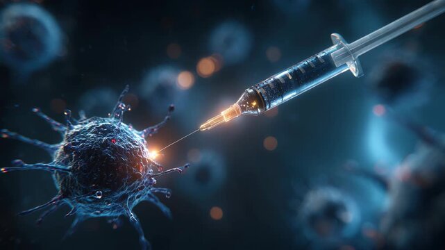 A syringe injecting a vaccine into a virus. The scene illustrates the concept of vaccination and immunization against diseases.