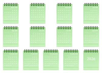 Green desktop calendar template featuring clean grid layout, spiral-bound planner mockup with monthly pages for 2026 organization