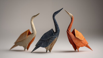 Origami crane sculptures with textured pattern in blue, orange and cream colors on neutral background, traditional paper folding art