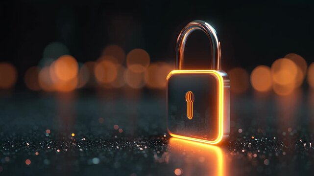 A glowing padlock with an illuminated keyhole sits on a dark surface. The background features blurred lights, creating a sense of security and protection.