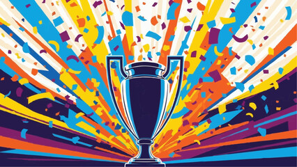 A vibrant illustration depicts a gleaming silver trophy centered amidst an explosion of colorful confetti and dynamic radiating light