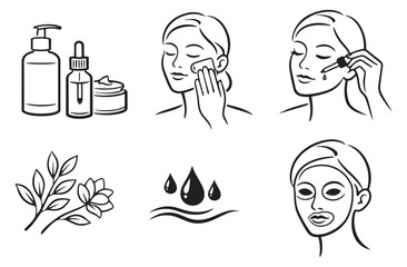 Hand drawn line art skincare routine set featuring women applying beauty products, cosmetic bottles, and natural elements for spa and self care promotions