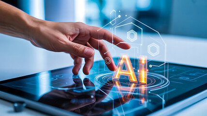 Hand interacting with tablet displaying glowing AI graphic and digital icons in futuristic tech environment