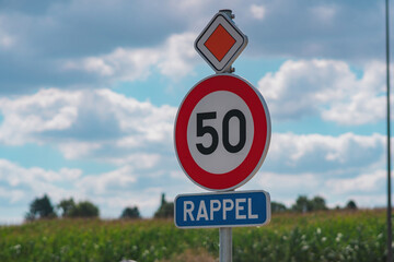 August 20, 2025, Lollois, Belgium, Speed limit sign in a rural village in Belgium