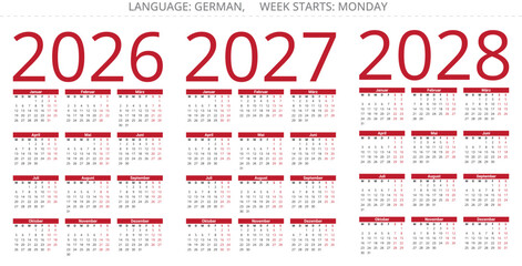 German calendar for 2026, 2027, 2028. Vector annual year illustrations Germany