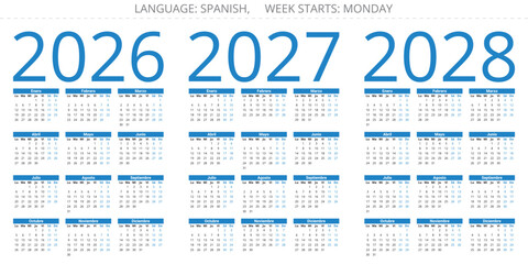 2026, 2027, 2028 spanish calendars. Vector illustration - year calendario. Spain