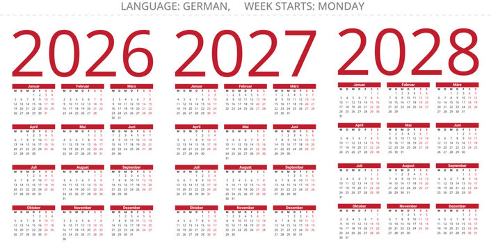 German calendar for 2026, 2027, 2028. Vector annual year illustrations Germany