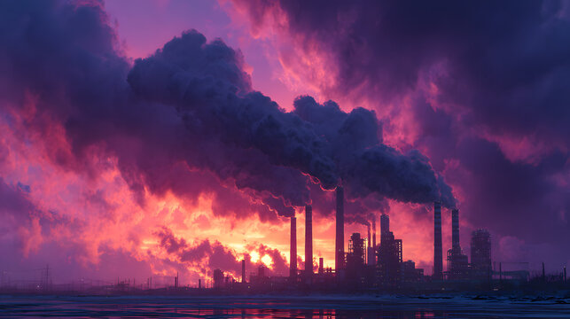 Factory with smokestaks pumping smoke pollution emissions into air lack of environmental concern environment at sunset