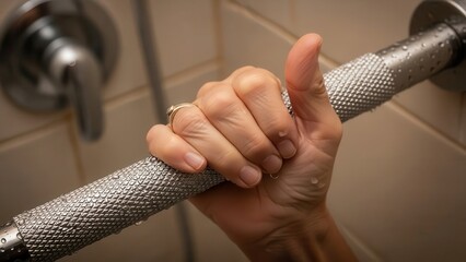 Shower safety solutions elderly concept. Close-up of a hand gripping a textured shower handle covered in water droplets.