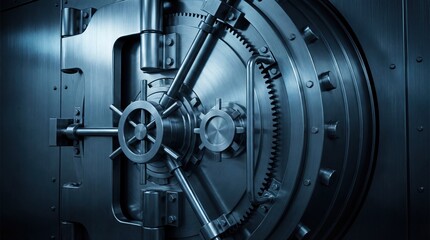 A close-up view of a large, metallic bank vault door with intricate mechanisms and a dark, industrial background.