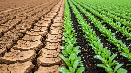 Dry Cracked Earth Next to Rows of Green Sprouting Crops
