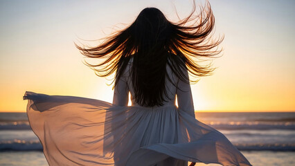Back view of woman in white dress with long hair blowing in wind at sunset beach