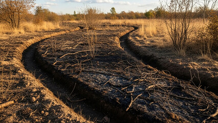 Firebreak trench dug in dry field for wildfire prevention and control