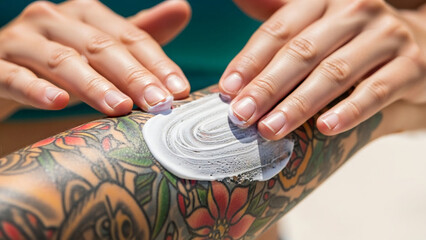 Detailed view of applying white sunscreen over colorful arm tattoos on a hot summer day.