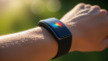 Close up of high tech fitness tracker on sweaty arm with colorful heart rate monitor display
