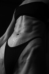 Athletic Female Torso with Water Drops in Dramatic Black and White Light