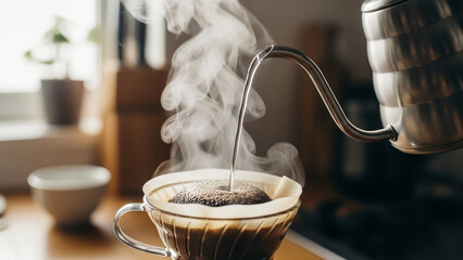Close up of hot water pouring from a silver gooseneck kettle into a glass coffee dripper with steam rising