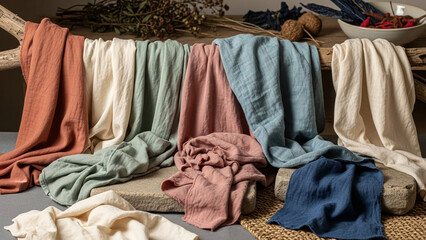 Collection of colorful hand dyed linen fabrics draped over a rustic wooden branch and stones