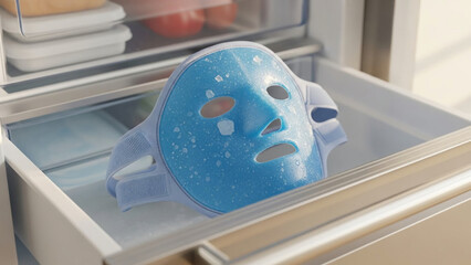 Blue silicone cooling face mask with ice crystals inside a modern refrigerator drawer