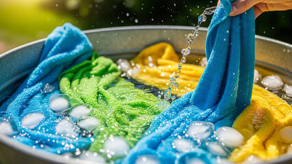 Hand washing bright blue green and yellow microfiber towels in a metal basin with ice cubes