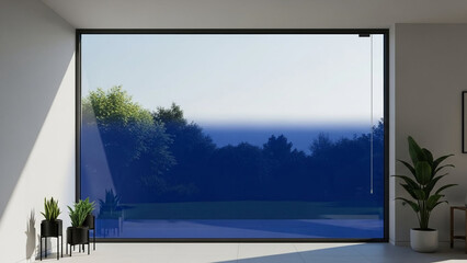 Modern living room interior with large floor to ceiling window showing a blue tinted outdoor view