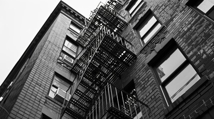 The bold lines and angles of a fire escape ladder rising above a busy street. Black and white art