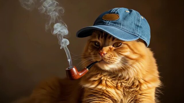 Close up of fluffy red cat wearing blue cap and holding smoking pipe in mouth, funny animal portrait with realistic style showing thoughtful pet character and humorous behavior of cute kitty with hat