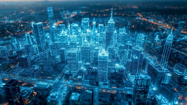 Glowing Blue Neon Cyberpunk Cityscape Night Aerial View Skyscrapers Illuminated Grid Metropolis
