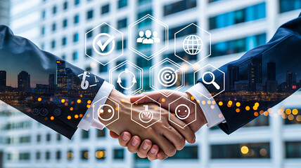 Business professionals shaking hands with digital icons overlay in front of modern glass office building