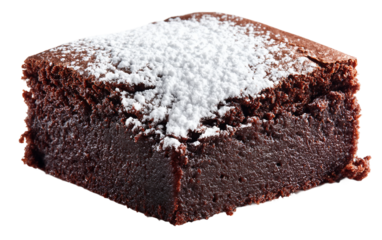 Delicious chocolate brownie dusted with powdered sugar captured in detailed close up emphasizing decadent flavor and texture isolated on transparent background PNG