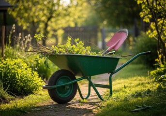 A green wheelbarrow filled with branches and leaves sits in a sunlit garden, ready for spring cleanup or yard work