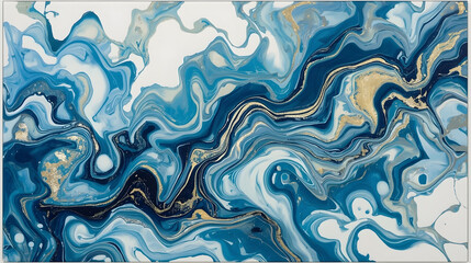 Hand painted background with mixed liquid blue and golden paints. Abstract fluid acrylic painting. Modern art. Marbled blue abstract background. Liquid marble pattern