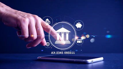 Hand interacting with digital financial interface above smartphone featuring banking icons and account details