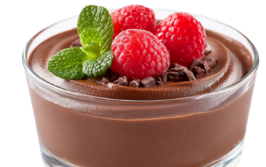 Close up view of elegant chocolate mousse with raspberry garnish showcasing decadent gourmet dessert and visually appealing presentation isolated on transparent background PNG