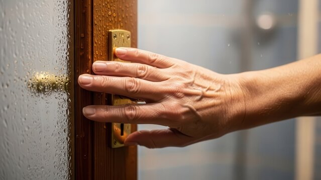 Shower safety solutions elderly concept. Hand reaching for a door handle with raindrops on glass nearby. - Powered by Adobe