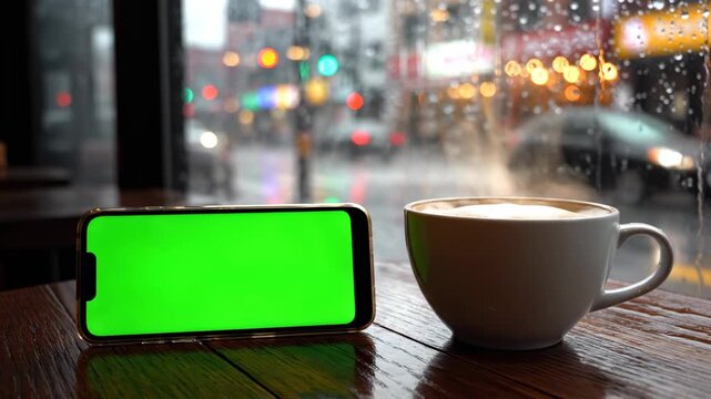 Smartphone with green screen and hot coffee cup on a cafe table during rainy day. Concept of digital communication and relaxation