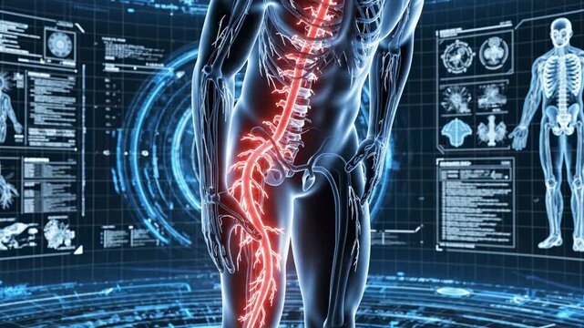 Futuristic digital scan of human nervous system highlighting pain in the spine and leg. Concept of medical diagnosis
